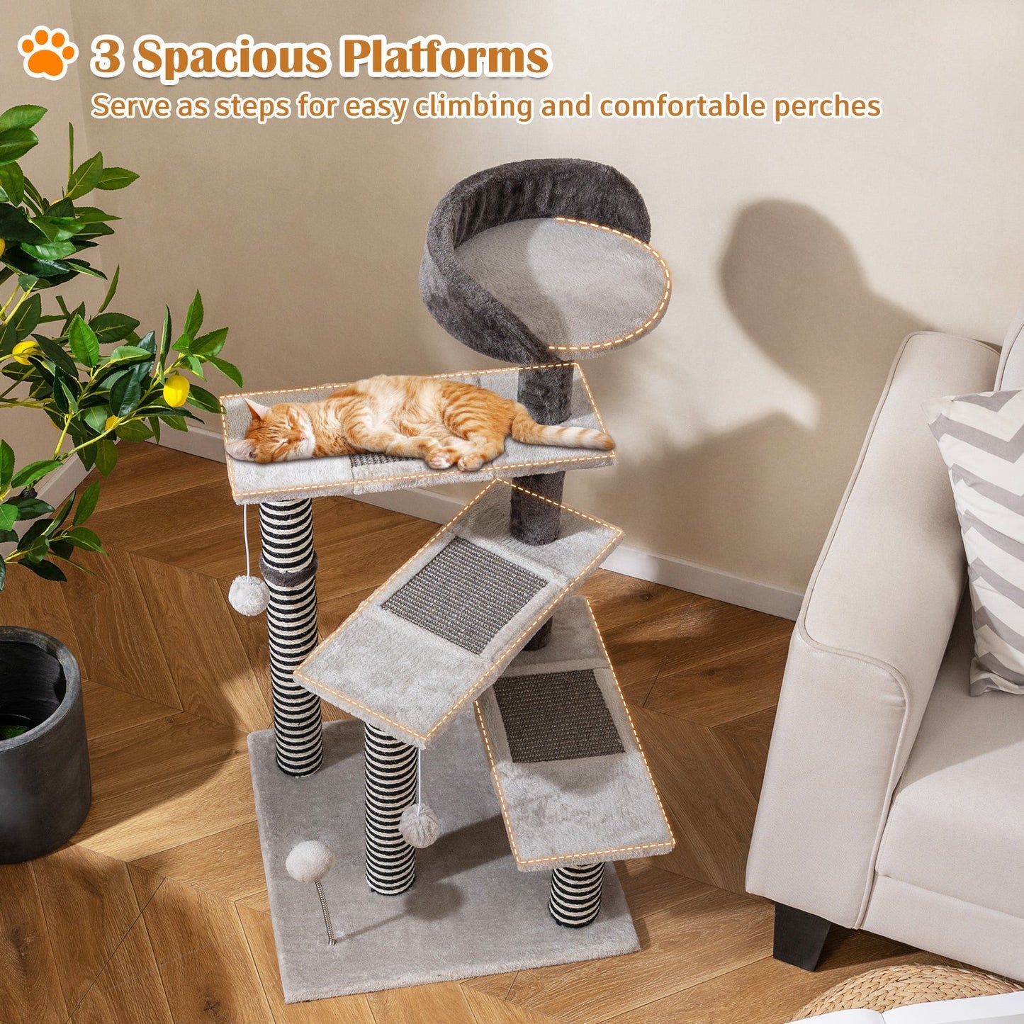 93 CM Tall Cat Tree Kitten Tower with Sisal and Jute Scratching Posts-Gray - Majestic Pet Kingdom