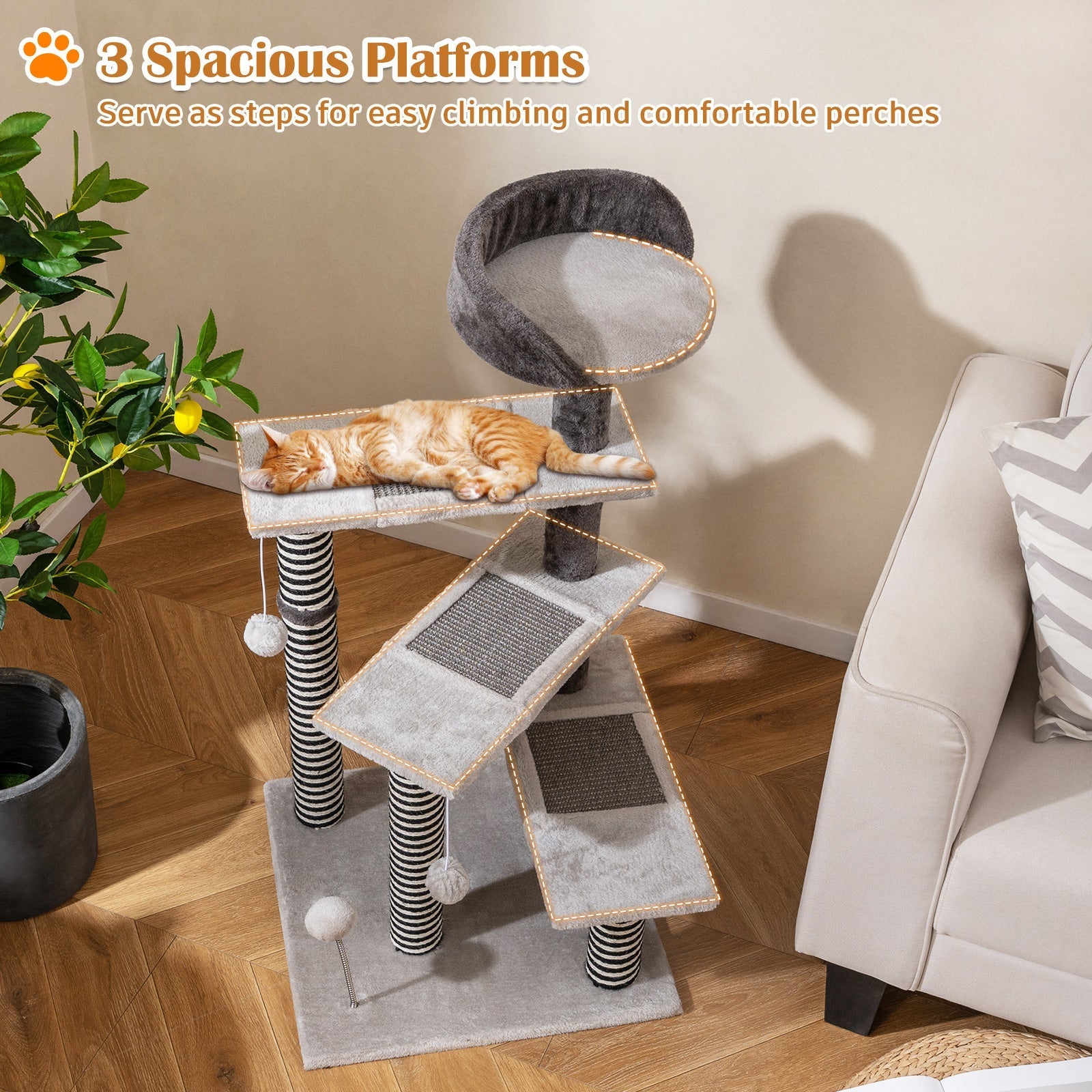 93 CM Tall Cat Tree Kitten Tower with Sisal and Jute Scratching Posts-Gray - Majestic Pet Kingdom