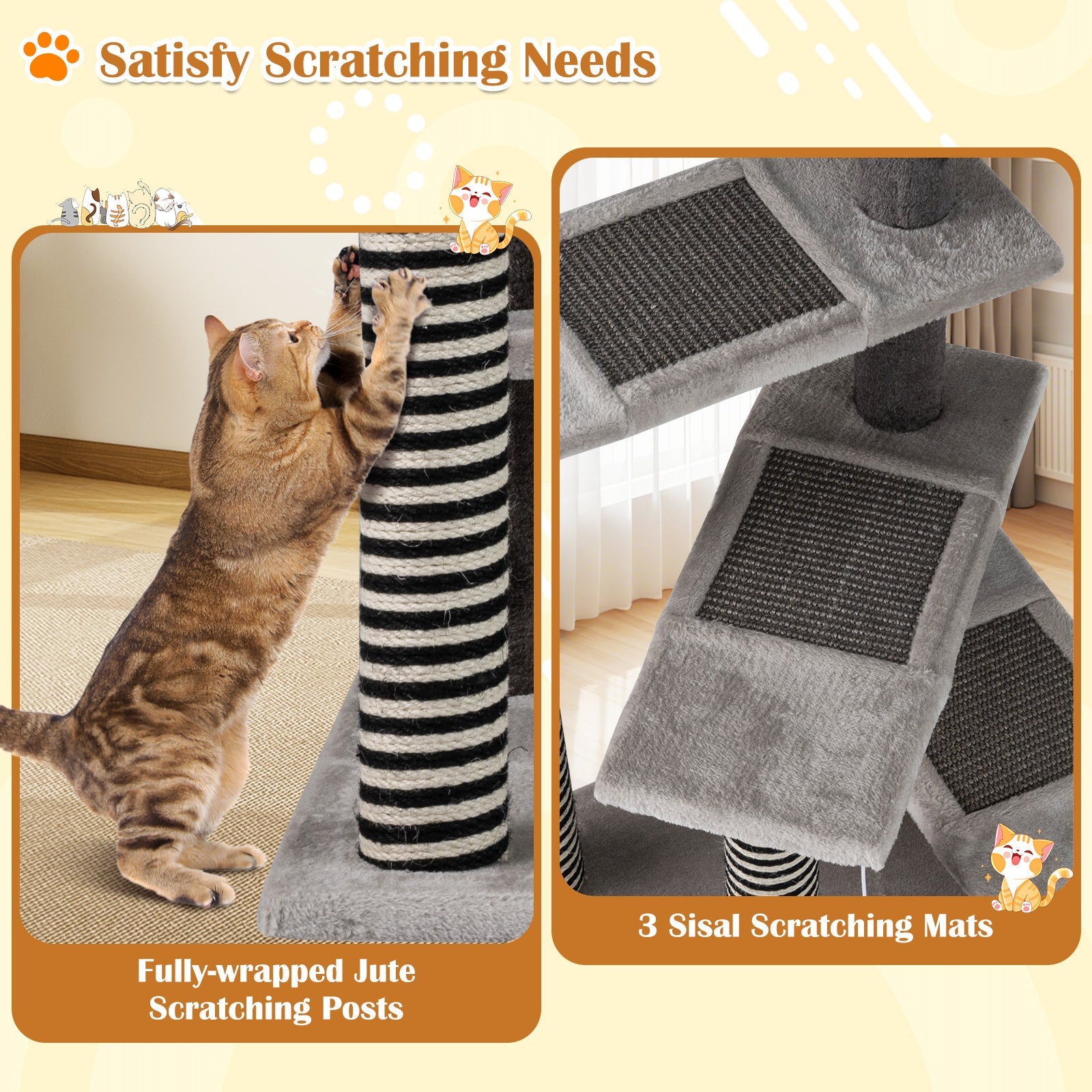 93 CM Tall Cat Tree Kitten Tower with Sisal and Jute Scratching Posts-Gray - Majestic Pet Kingdom