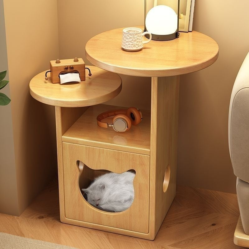 Cat House Nightstand Solid Pine Wood End Table Storage Cabinet - Detail Angle 3 | Majestic Pet Kingdom