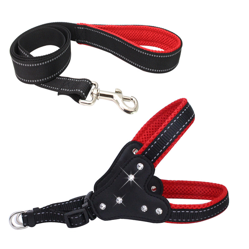 Comfortable Mesh Fabric Shiny Rhinestone Pet Hand Holding Rope Reflective Dog Breast Strap Vest Style