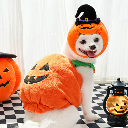 Dog Costume Pumpkin Vest Harness Festive Halloween Fleece Shirt