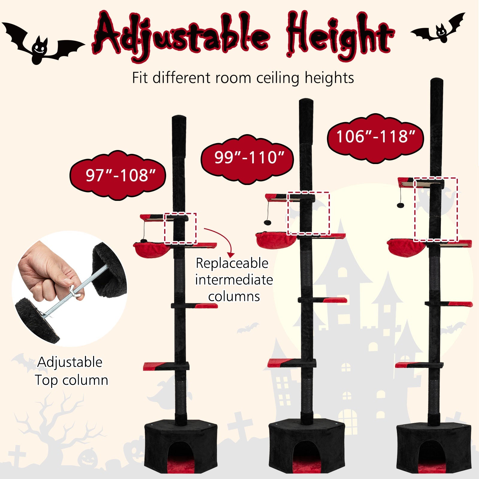 Floor to Ceiling Gothic Cat Tree 97-118 Inches Adjustable 5-Tier with Condo-Black - Majestic Pet Kingdom