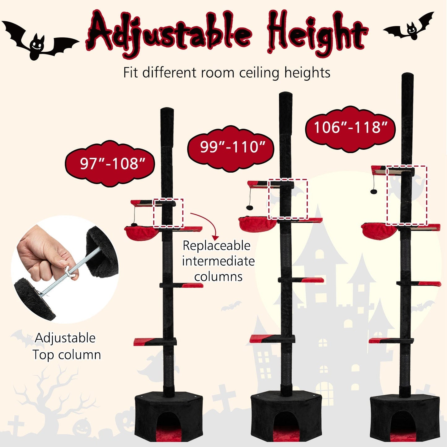 Cat Tree Floor to Ceiling Gothic Tower 5-Tier Adjustable - Detail Angle 4 | Majestic Pet Kingdom