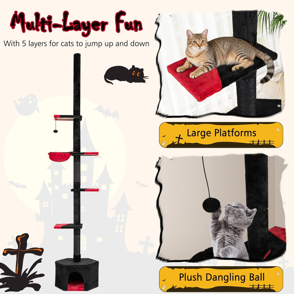 Floor to Ceiling Gothic Cat Tree 97-118 Inches Adjustable 5-Tier with Condo-Black - Majestic Pet Kingdom