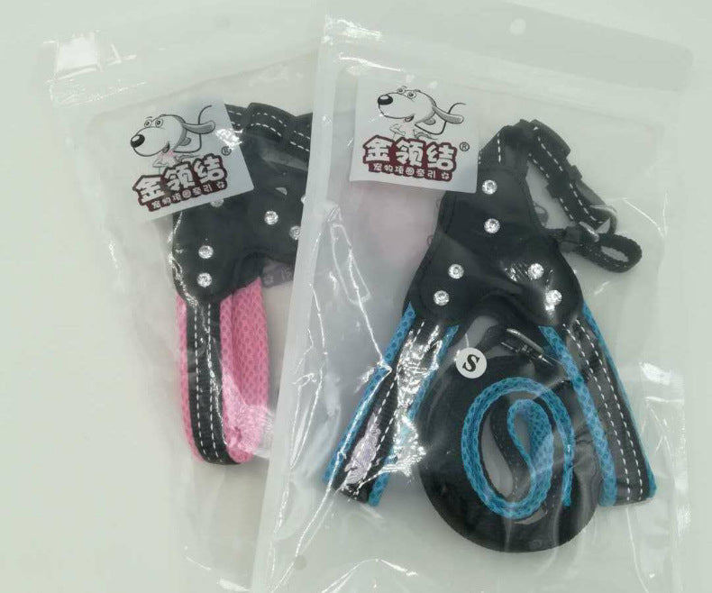 Comfortable Mesh Fabric Shiny Rhinestone Pet Hand Holding Rope Reflective Dog Breast Strap Vest Style