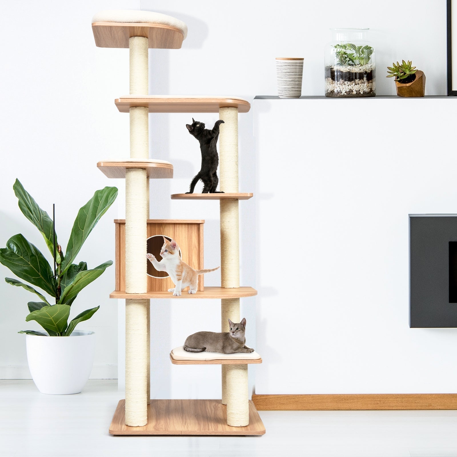 7-Layer Wooden Cat Tree Tall Cat Tower with Sisal Posts and Condo - Majestic Pet Kingdom