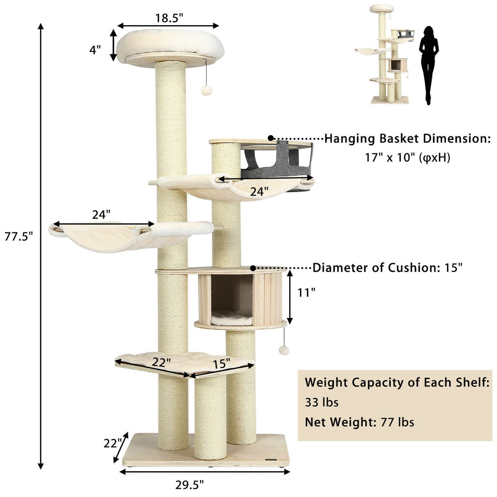 77.5-Inch Cat Tree Condo Multi-Level Kitten Activity Tower with Sisal Posts-Cream White - Majestic Pet Kingdom