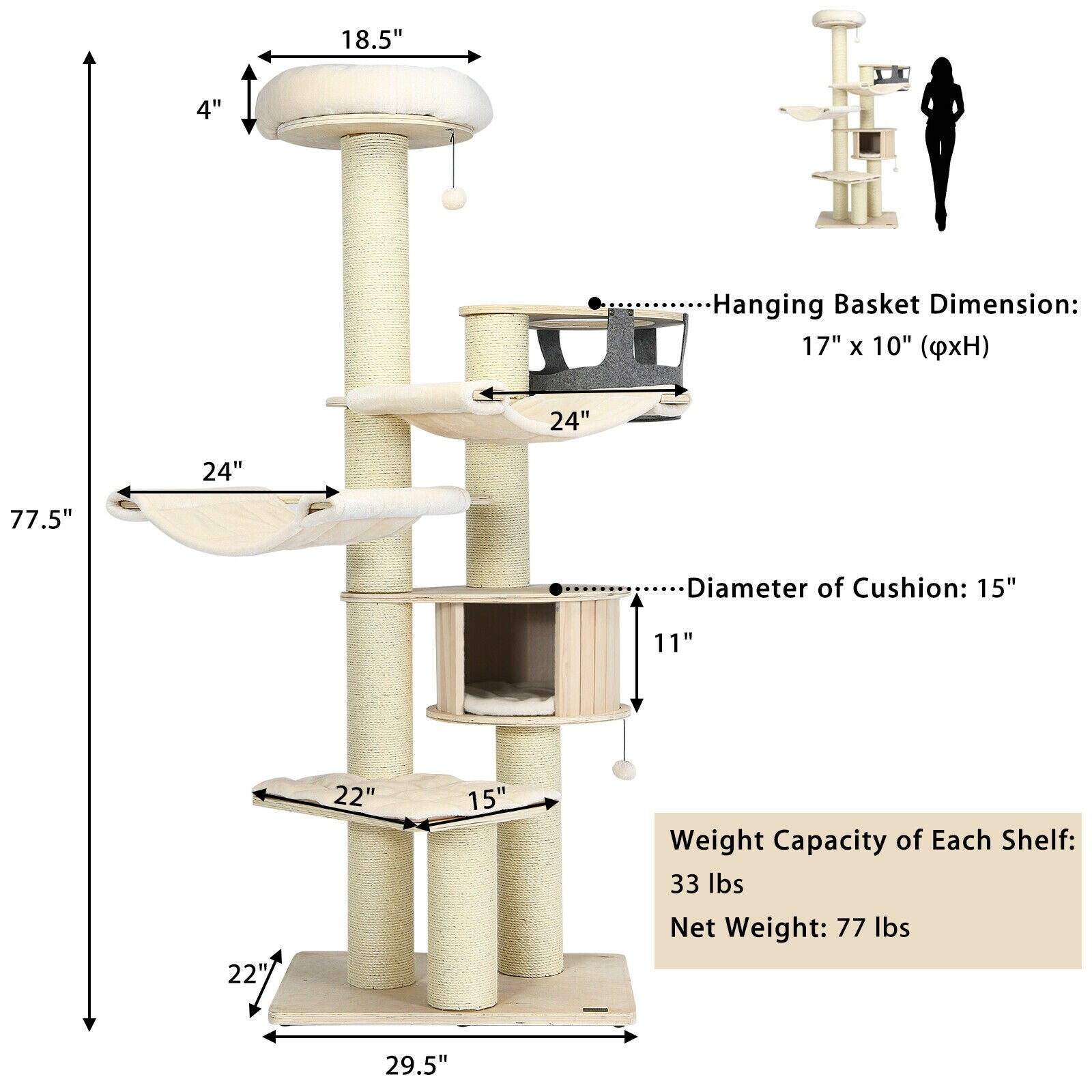 77.5-Inch Cat Tree Condo Multi-Level Kitten Activity Tower with Sisal Posts-Cream White - Majestic Pet Kingdom