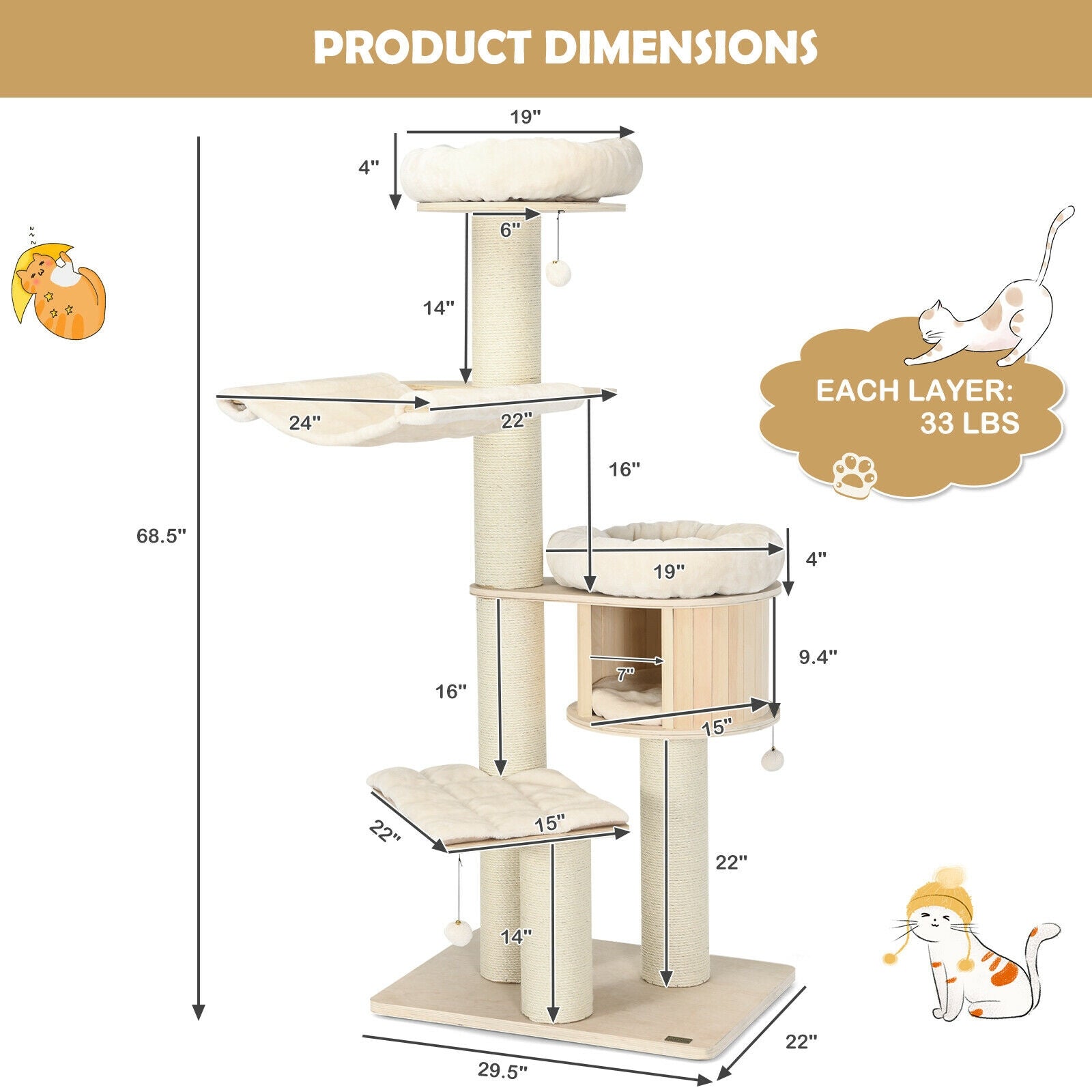 4-Layer 68.5-Inch Wooden Cat Tree Condo Activity Tower with Sisal Posts-Natural - Majestic Pet Kingdom