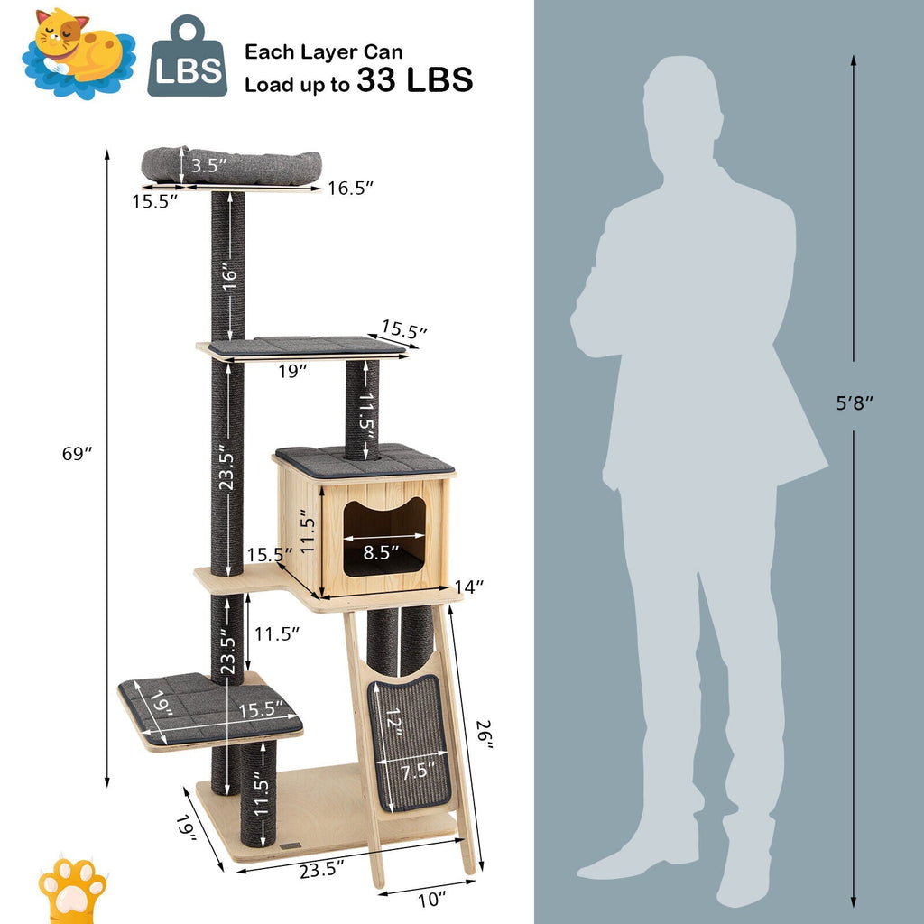5-Tier Modern Wood Cat Tower with Washable Cushions-Gray - Majestic Pet Kingdom