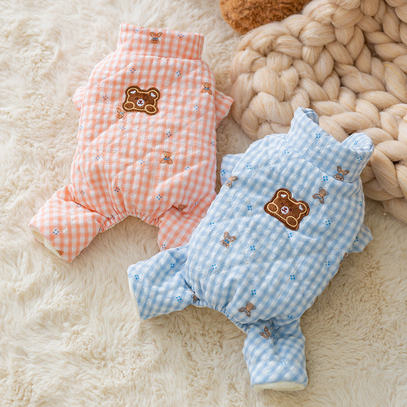 Cute Korean Cartoon Checkerboard Pattern Bear Full-printed Four-legged Cotton Coat For Dogs In Autumn And Winter, Teddy Pet Clothes For Cats - Premium Pet Accessory