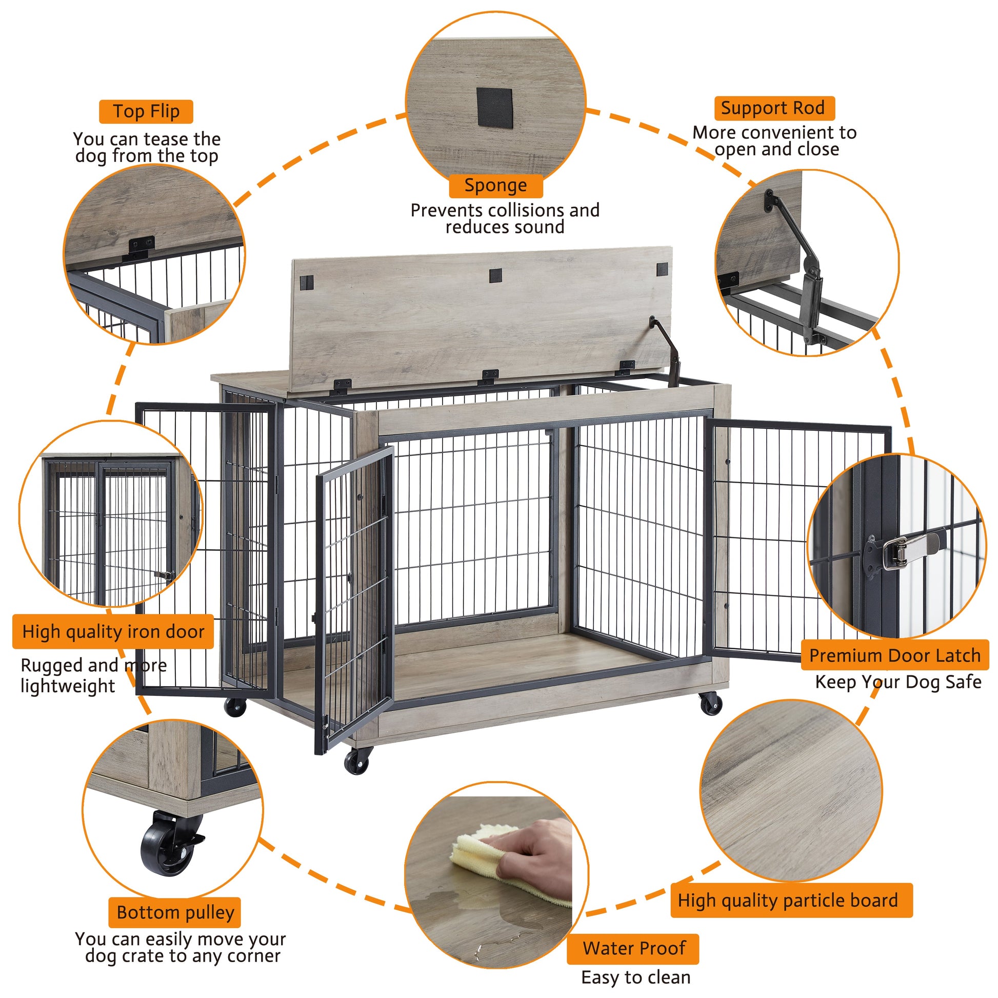 Dog Crate Furniture 38.5in Rolling Table Double Door Lift-Top - Detail Angle 3 | Majestic Pet Kingdom