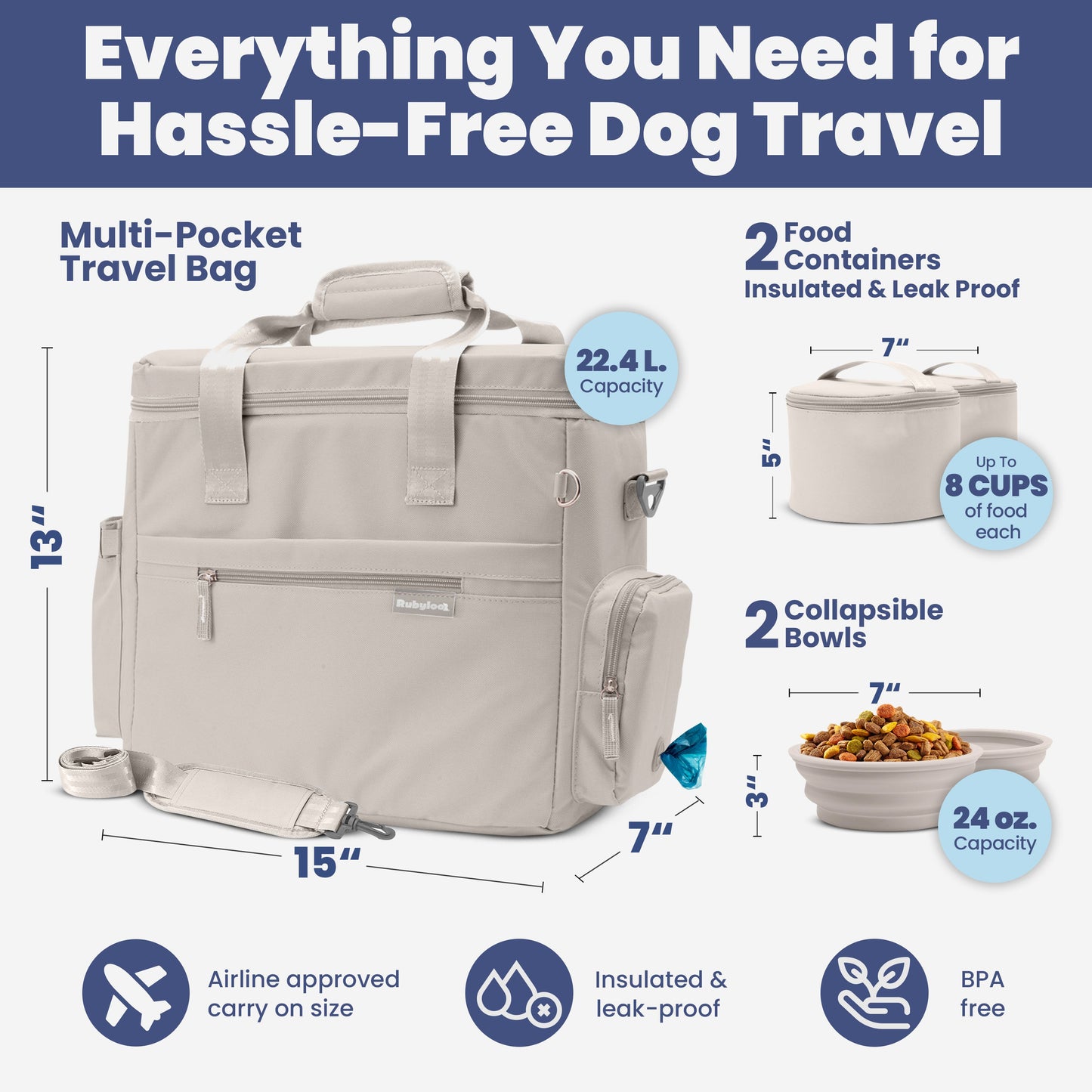 Dog Travel Bag The Original Doggy Bag Weekend Supplies Organizer - Detail Angle 3 | Majestic Pet Kingdom