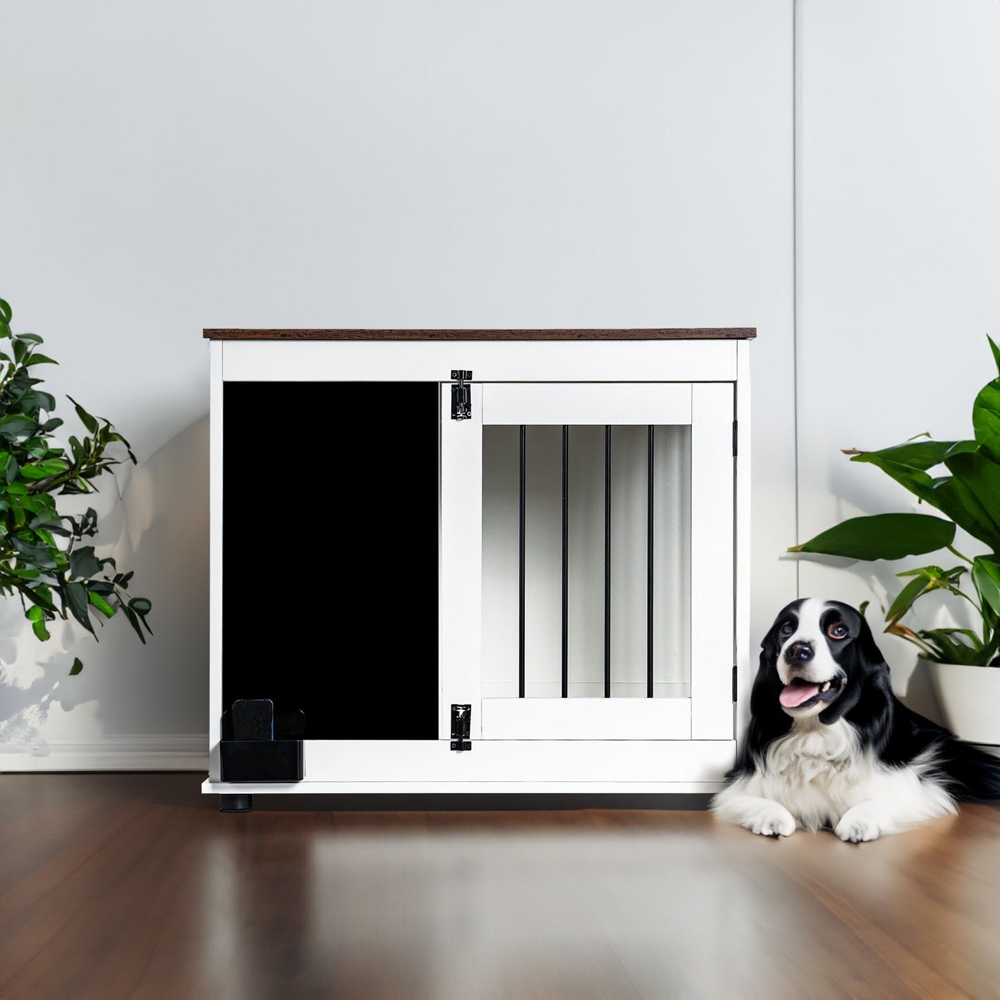 Dog Crate Furniture Wooden Kennel Double Door End Table White - Main Feature View | Majestic Pet Kingdom