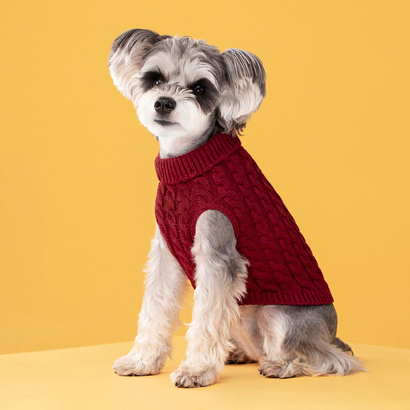 Autumn and winter pet dog cat warm solid color classic Fried Dough Twists sweater thickened turtleneck sweater - Majestic Pet Kingdom
