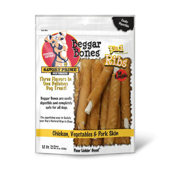 Dog Chews Savory Prime Beggar Bones 3-in-1 Ribs Dental 12-Pa