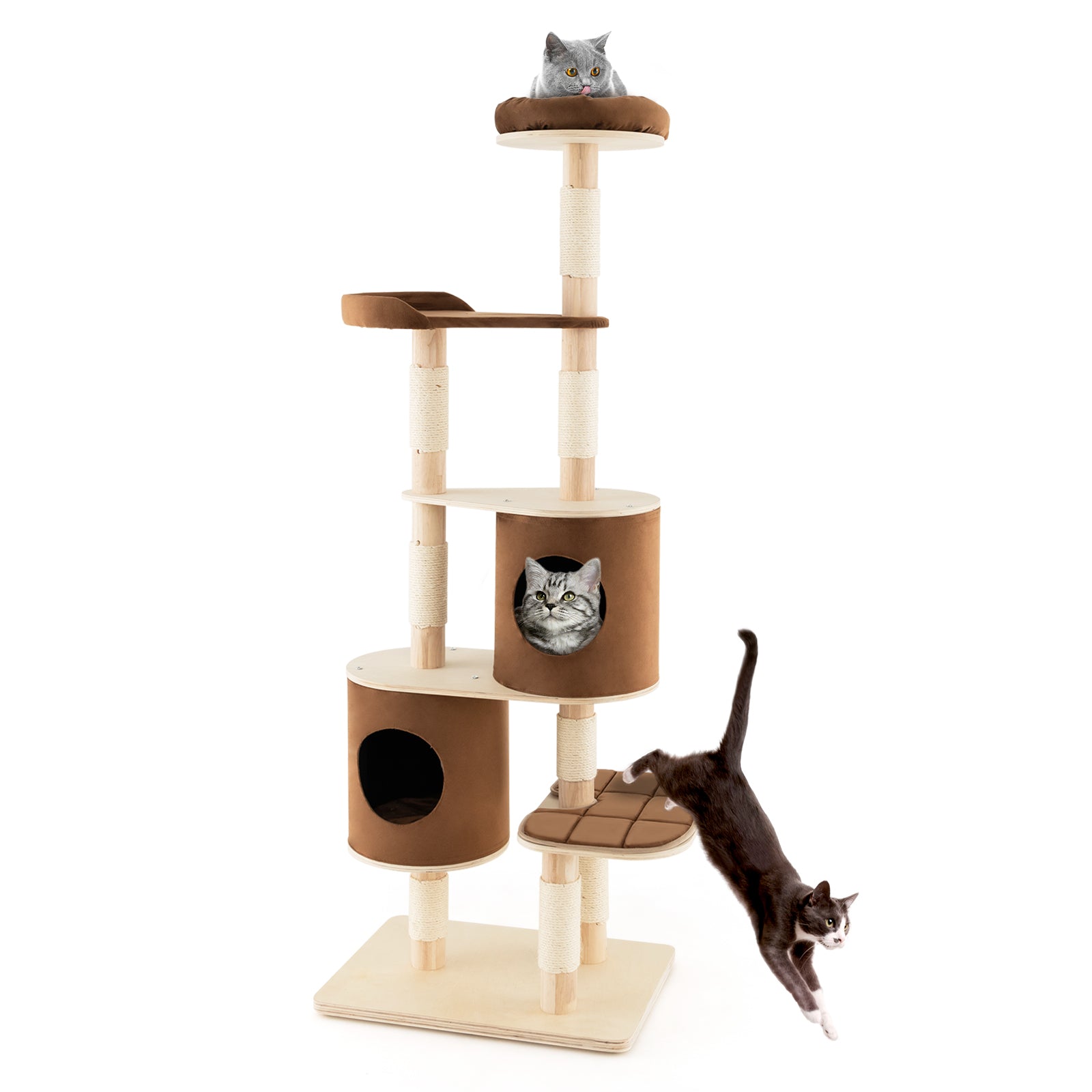 Cat Tree 6-Tier Wooden Tower 2 Removable Condos Perch Platform - Detail Angle 3 | Majestic Pet Kingdom