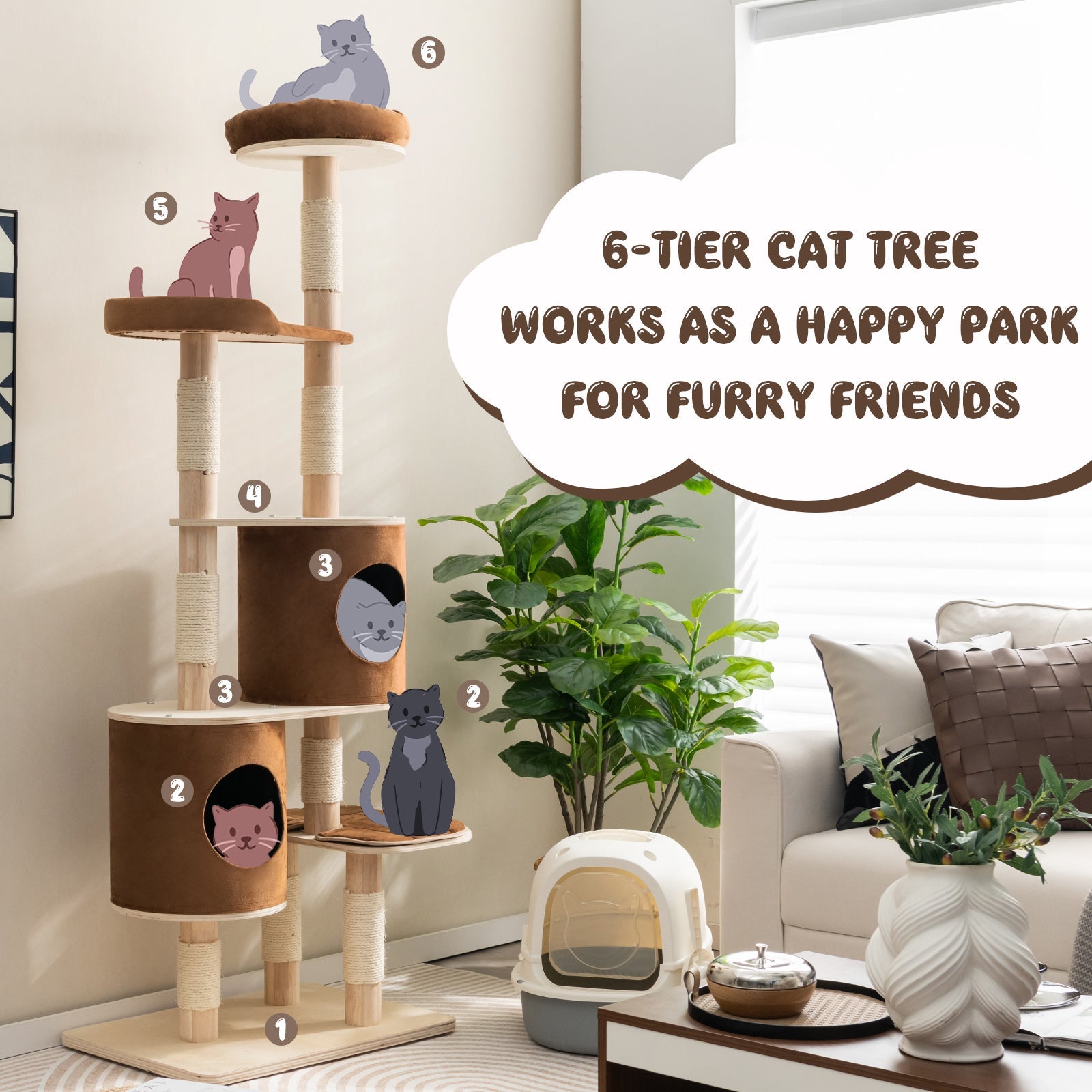 Cat Tree 6-Tier Wooden Tower 2 Removable Condos Perch Platform - Detail Angle 5 | Majestic Pet Kingdom