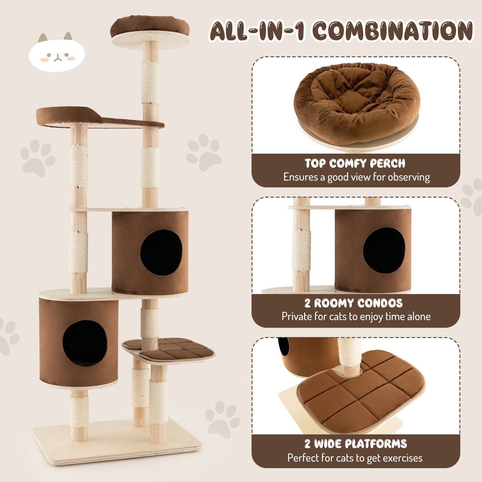 Cat Tree 6-Tier Wooden Tower 2 Removable Condos Perch Platform - Detail Angle 6 | Majestic Pet Kingdom