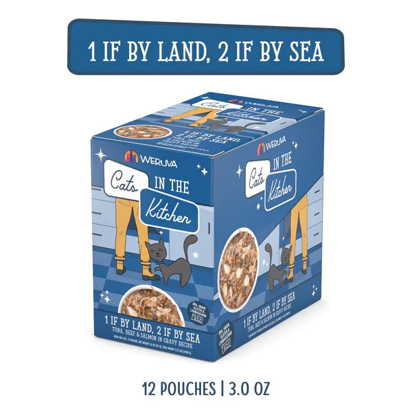 Cats in the Kitchen 1 If By Land, 2 If By Sea, Tuna, Beef & Salmon in Gravy (3oz) - Majestic Pet Kingdom