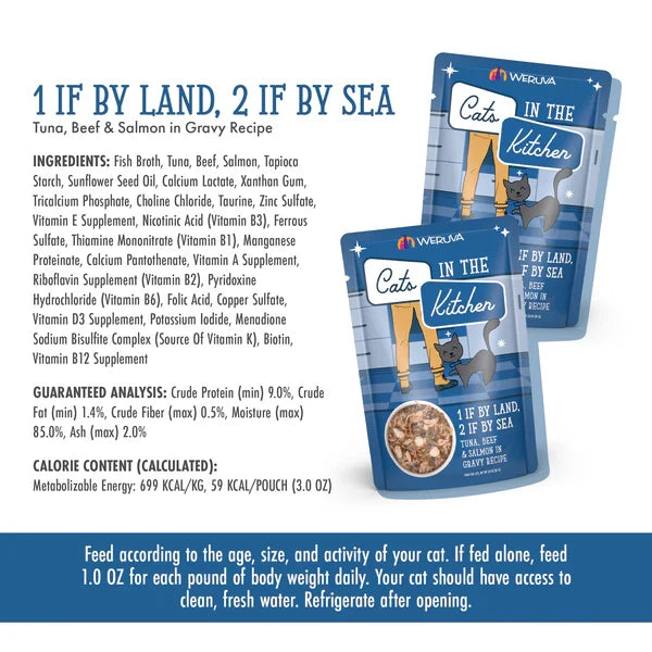 Cats in the Kitchen 1 If By Land, 2 If By Sea, Tuna, Beef & Salmon in Gravy (3oz) - Majestic Pet Kingdom