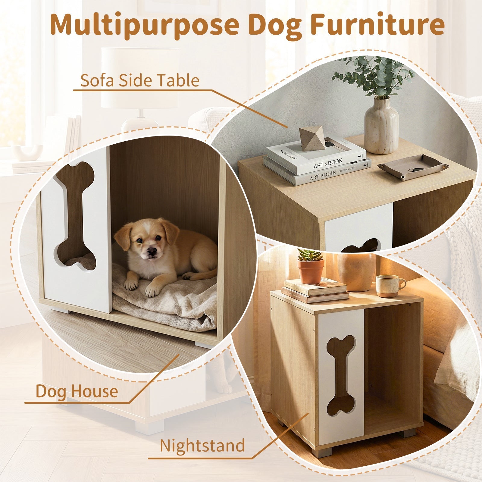 Cat Bed Side Table Wooden Cat Condo with Bone-shape Window and Thick Metal Legs-Natural | Purrfect Pet Kingdom