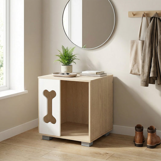 Cat Bed Side Table Wooden Cat Condo with Bone-shape Window and Thick Metal Legs-Natural | Purrfect Pet Kingdom