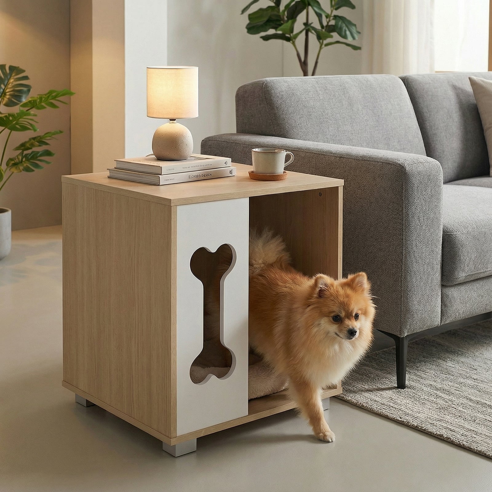 Cat Bed Side Table Wooden Cat Condo with Bone-shape Window and Thick Metal Legs-Natural | Purrfect Pet Kingdom