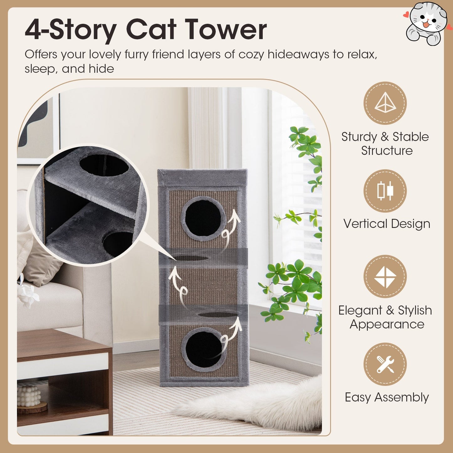 39 Inch Tall Cat Condo with Scratching Posts and 3 Hideaways and 4 Soft Plush Cushions