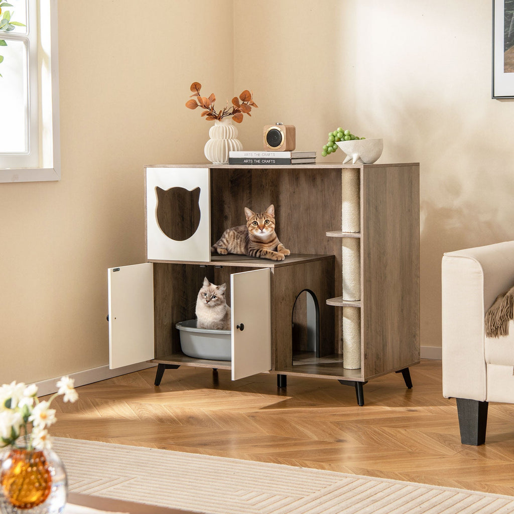 Cat Litter Box Enclosure with Scratching Posts and Platform