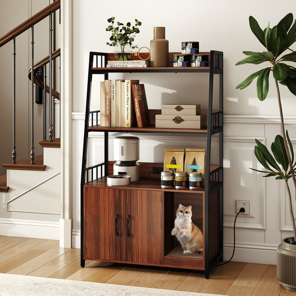 Cat Litter Box Enclosure with Storage Shelves and Scratching Pad