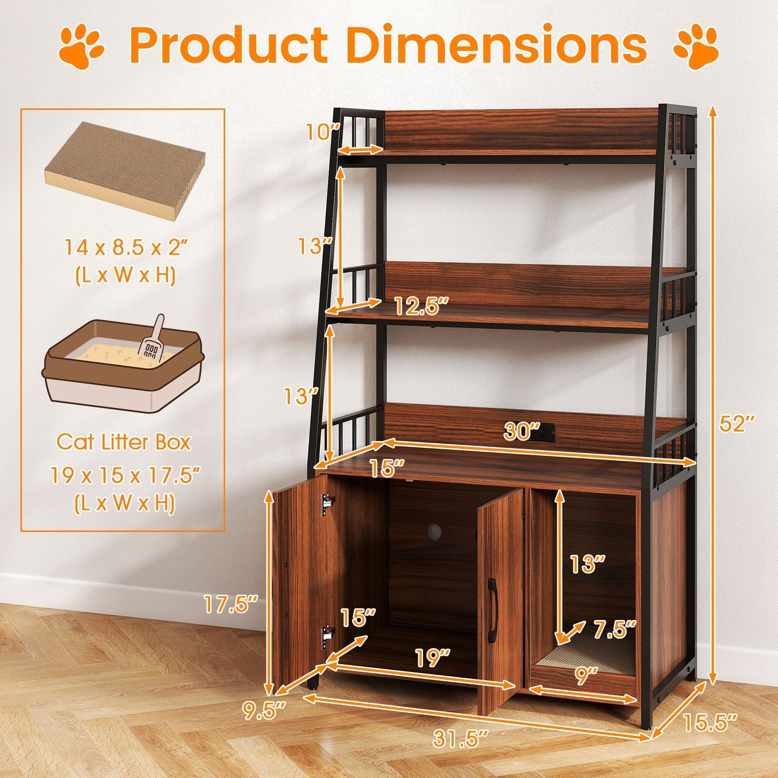 Cat Litter Box Enclosure with Storage Shelves and Scratching Pad