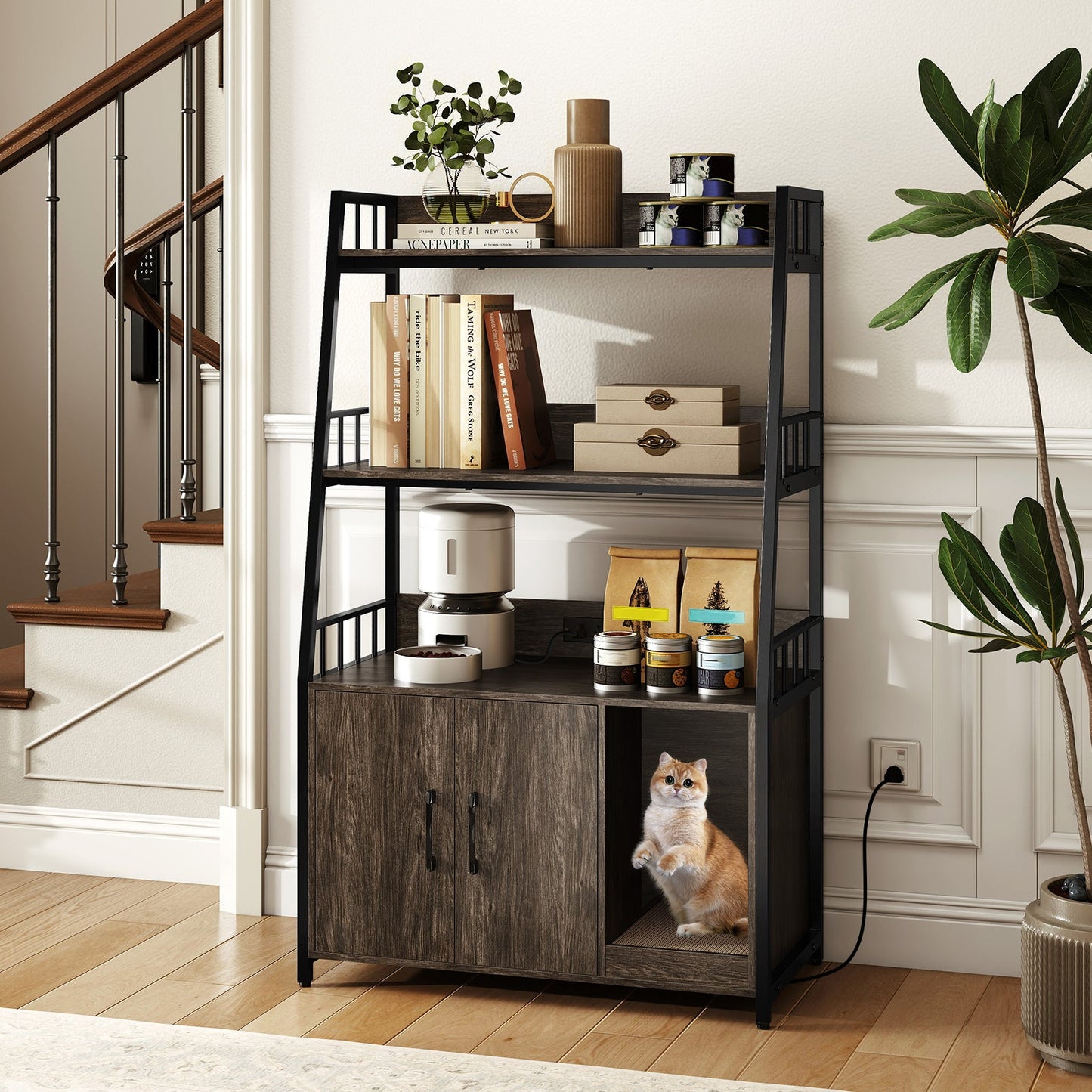Cat Litter Box Enclosure Cabinet Storage Shelves Scratcher - Detail Angle 4 | Majestic Pet Kingdom