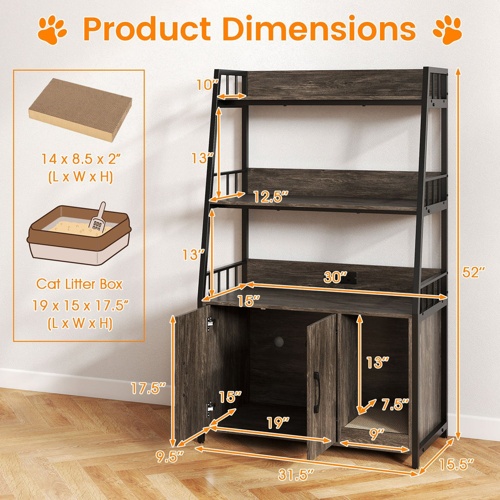 Cat Litter Box Enclosure with Storage Shelves and Scratching Pad