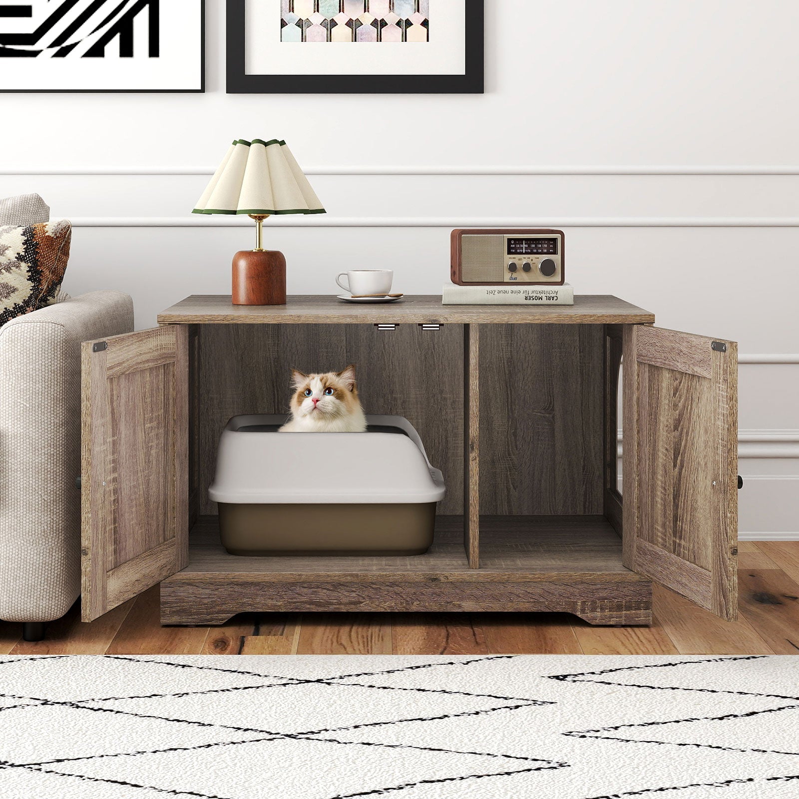 Cat Litter Box Enclosure Furniture Indoor Wooden Cat House End Side Table Nightstand