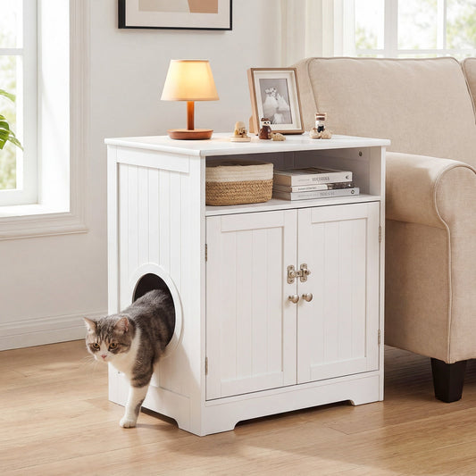 Cat Litter Box Enclosure Wooden Hidden Pet Washroom Furniture-White | Purrfect Pet Kingdom