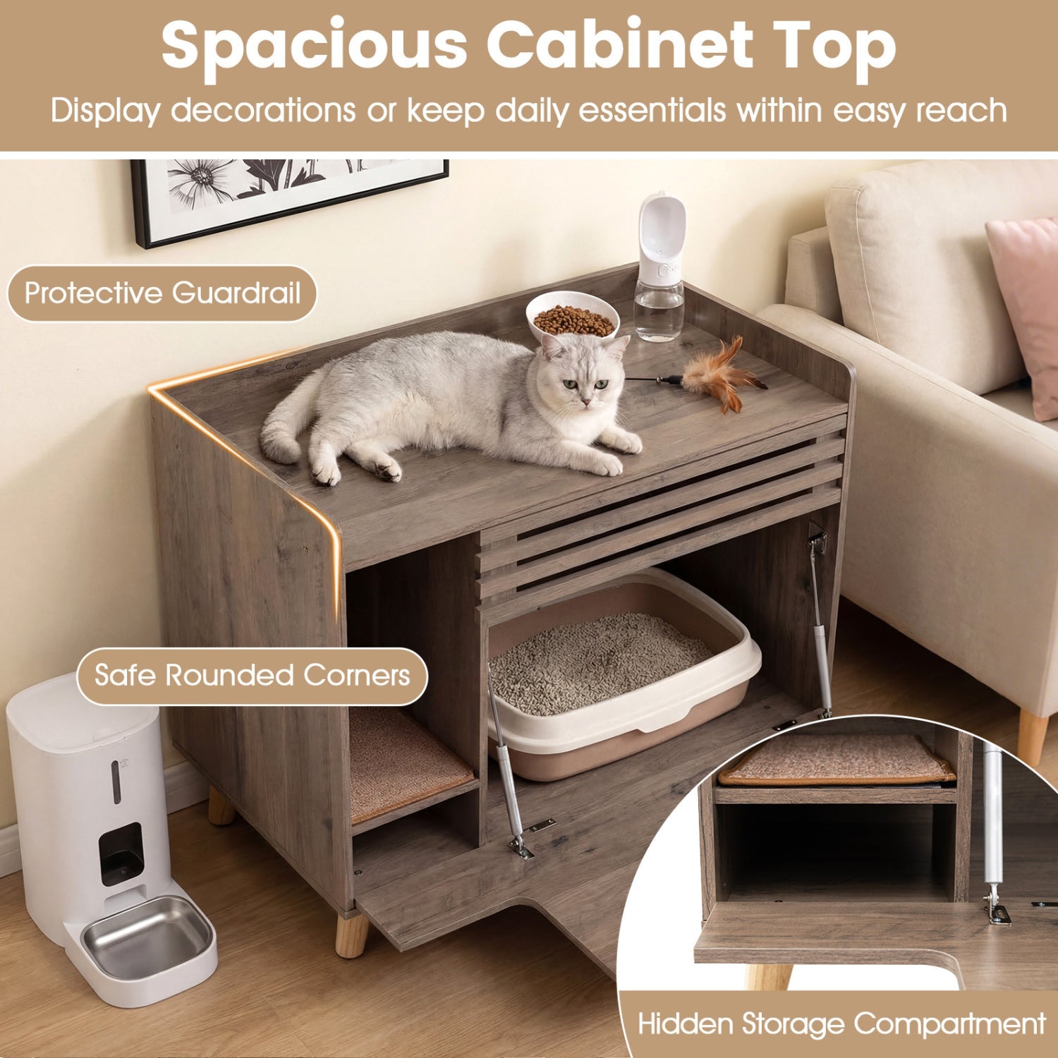 Cat Litter Box Enclosure with Flip-down Opening Door and Scratching Mat
