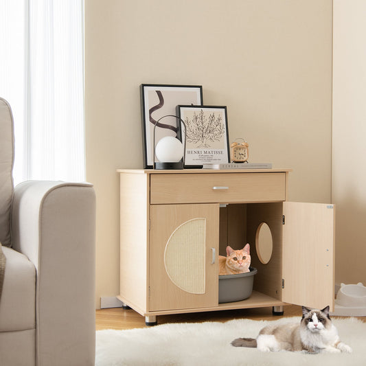Cat Litter Box Enclosure with Sisal Scratching Doors and Storage-Natural | Purrfect Pet Kingdom