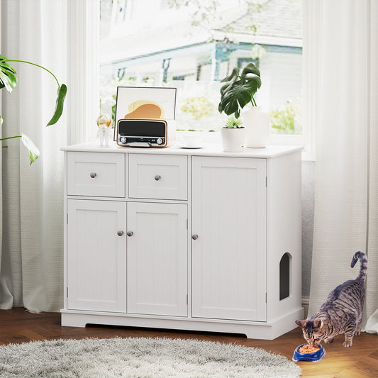 Cat Litter Box Enclosure with 2 Drawers and 3 Doors for Kittens and Adult Cats-White | Purrfect Pet Kingdom