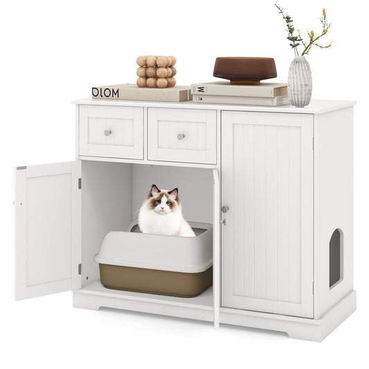Cat Litter Box Enclosure Cabinet 2 Drawers 3 Doors White Mat