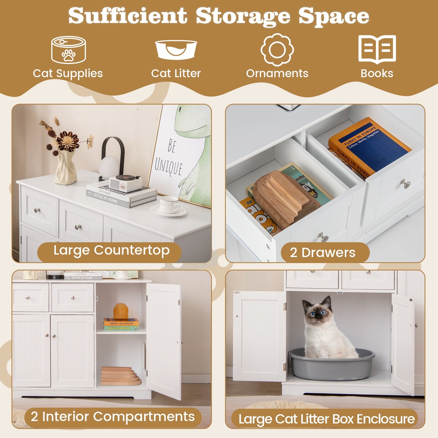 Cat Litter Box Enclosure Cabinet 2 Drawers 3 Doors White Mat - Detail Angle 3 | Majestic Pet Kingdom
