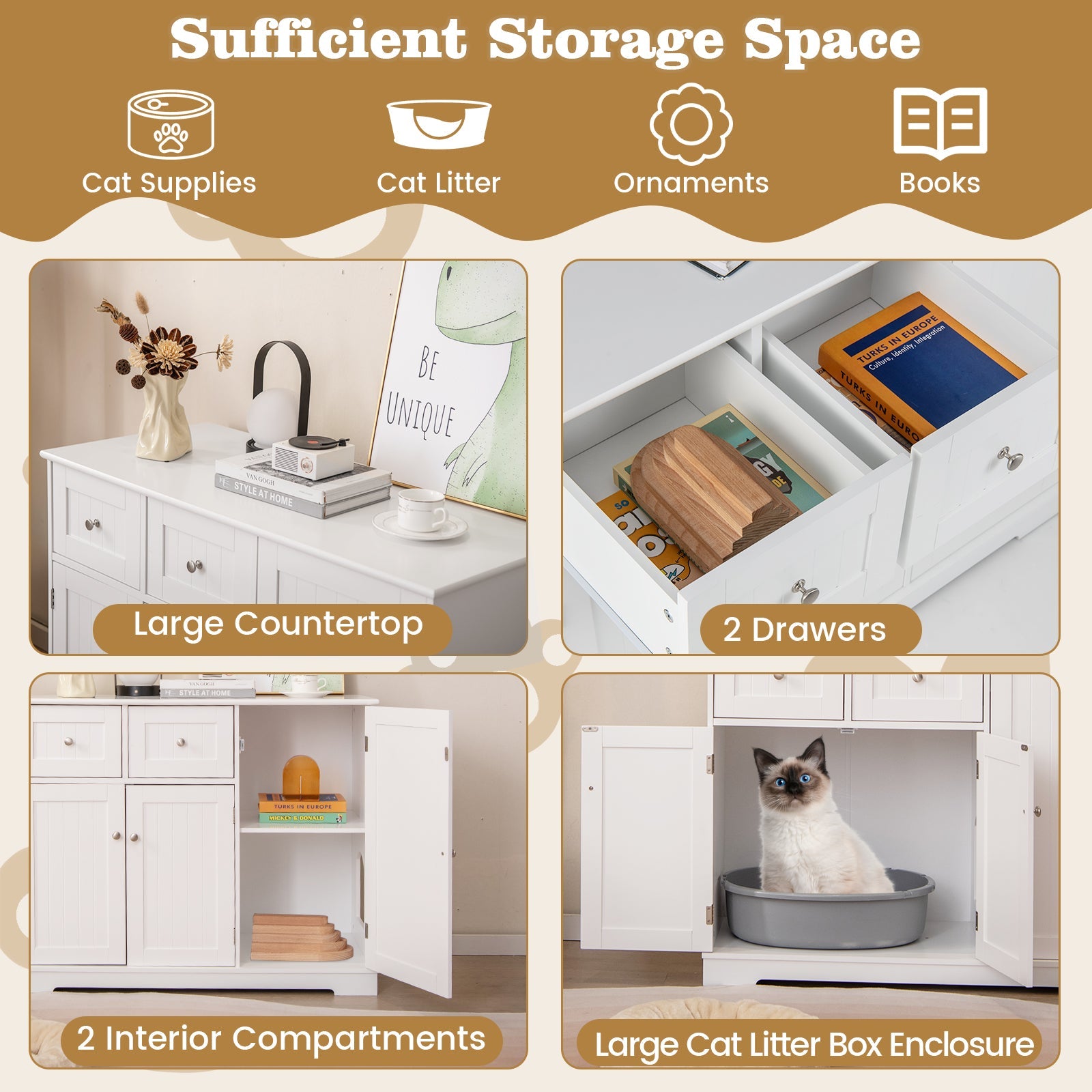 Cat Litter Box Enclosure Cabinet 2 Drawers 3 Doors White Mat - Detail Angle 3 | Majestic Pet Kingdom