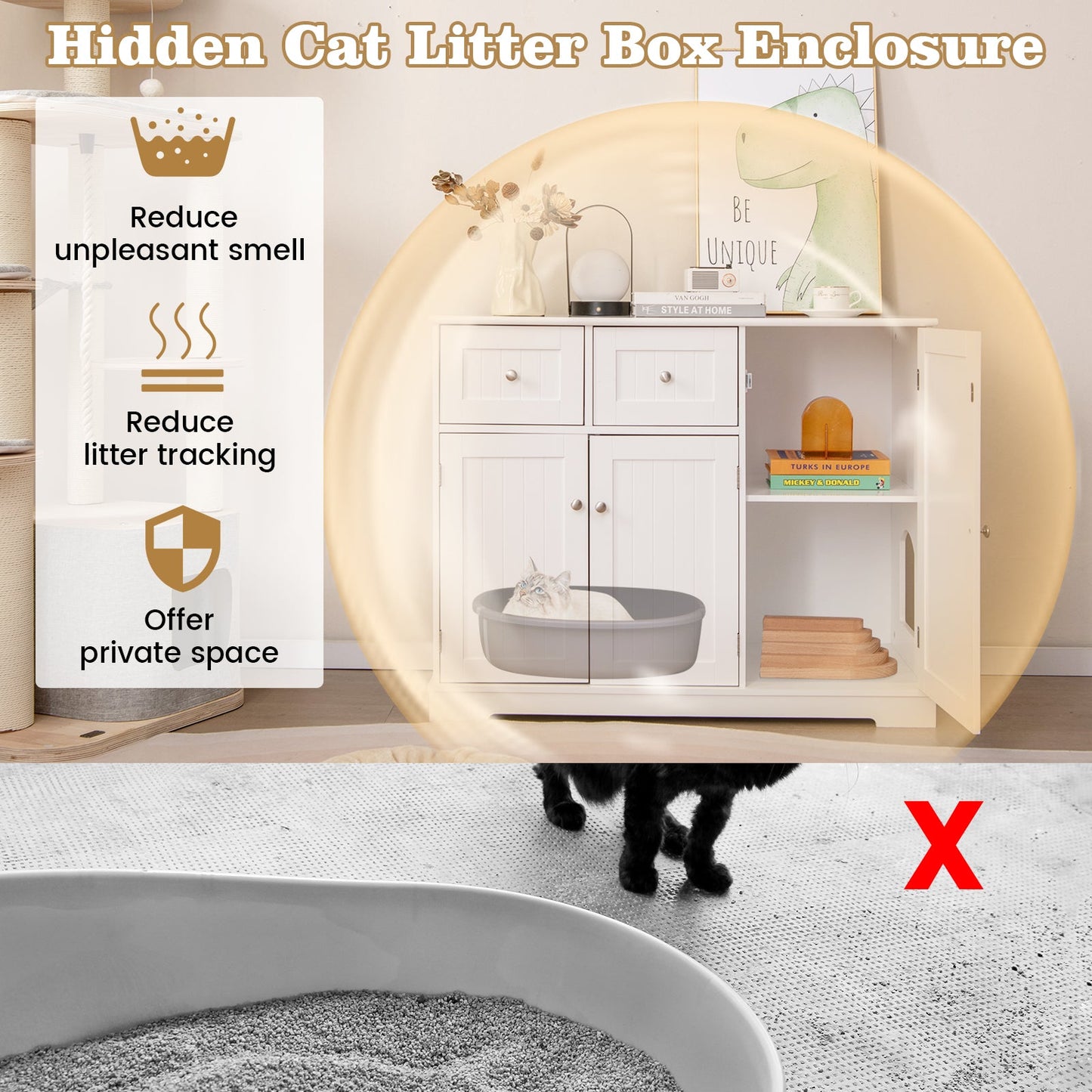 Cat Litter Box Enclosure Cabinet 2 Drawers 3 Doors White Mat - Detail Angle 4 | Majestic Pet Kingdom