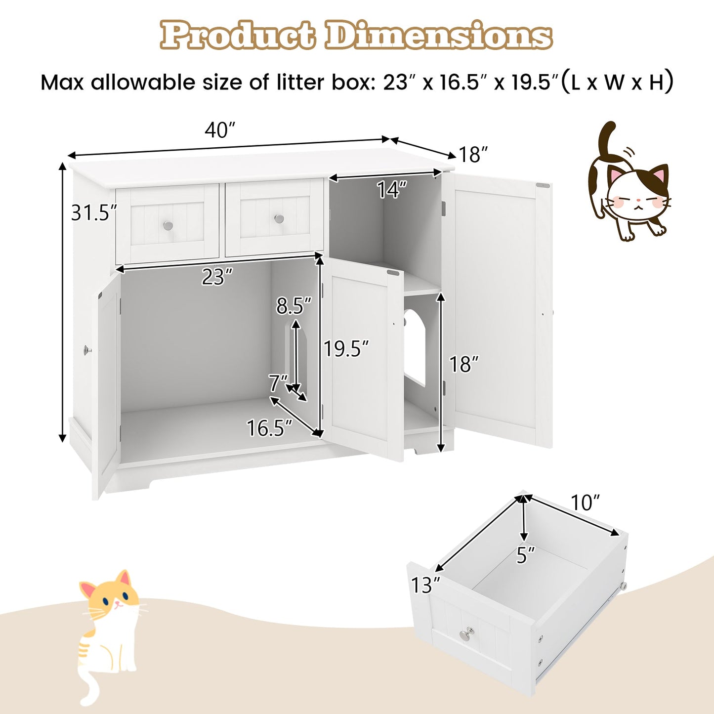Cat Litter Box Enclosure Cabinet 2 Drawers 3 Doors White Mat - Detail Angle 2 | Majestic Pet Kingdom