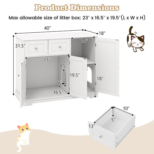 Cat Litter Box Enclosure Cabinet 2 Drawers 3 Doors White Mat
