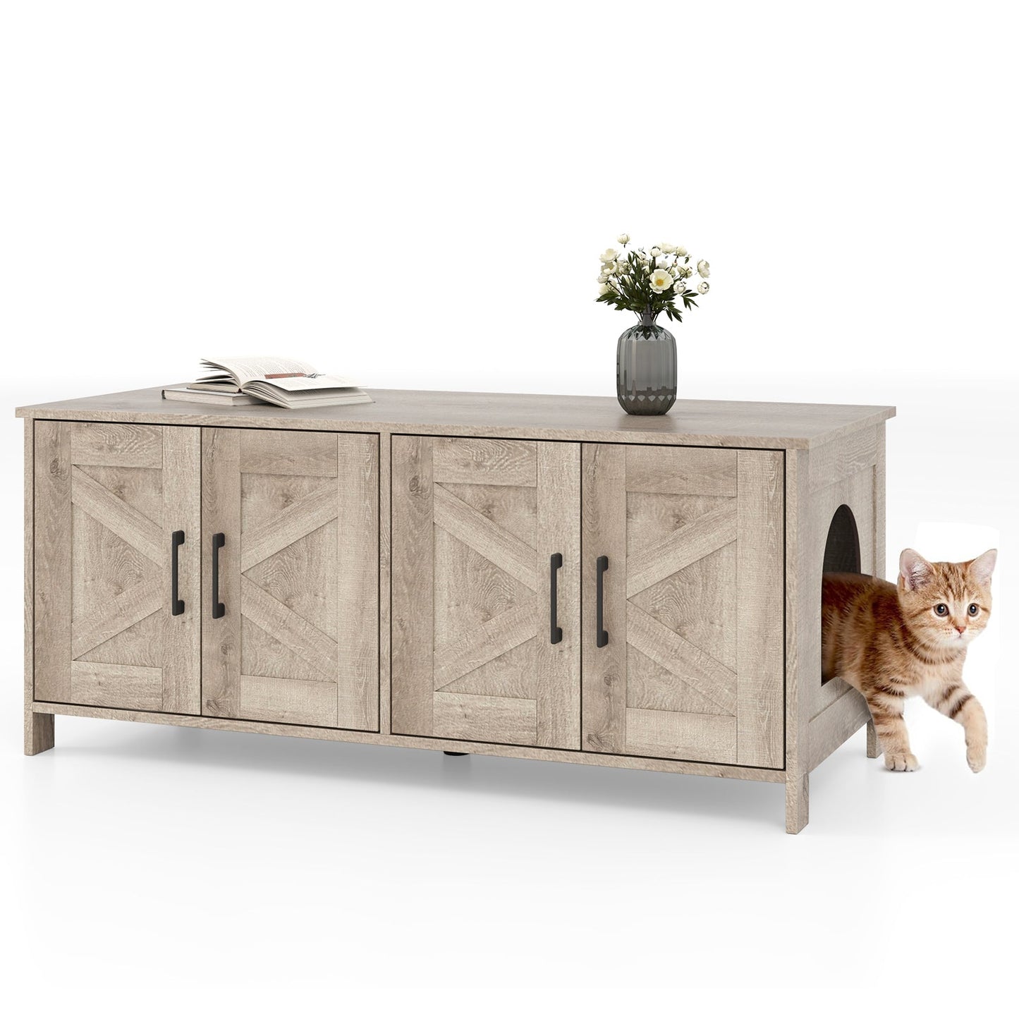 Cat Litter Box Enclosure Modern Double Cabinet Furniture Mat - Detail Angle 3 | Majestic Pet Kingdom