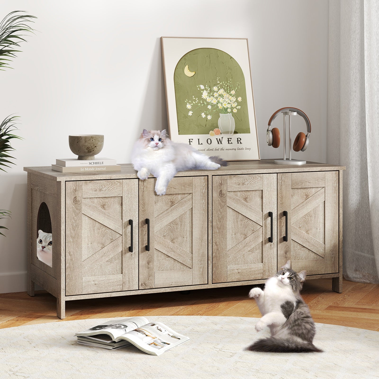 Cat Litter Box Enclosure Modern Double Cabinet Furniture Mat - Detail Angle 5 | Majestic Pet Kingdom