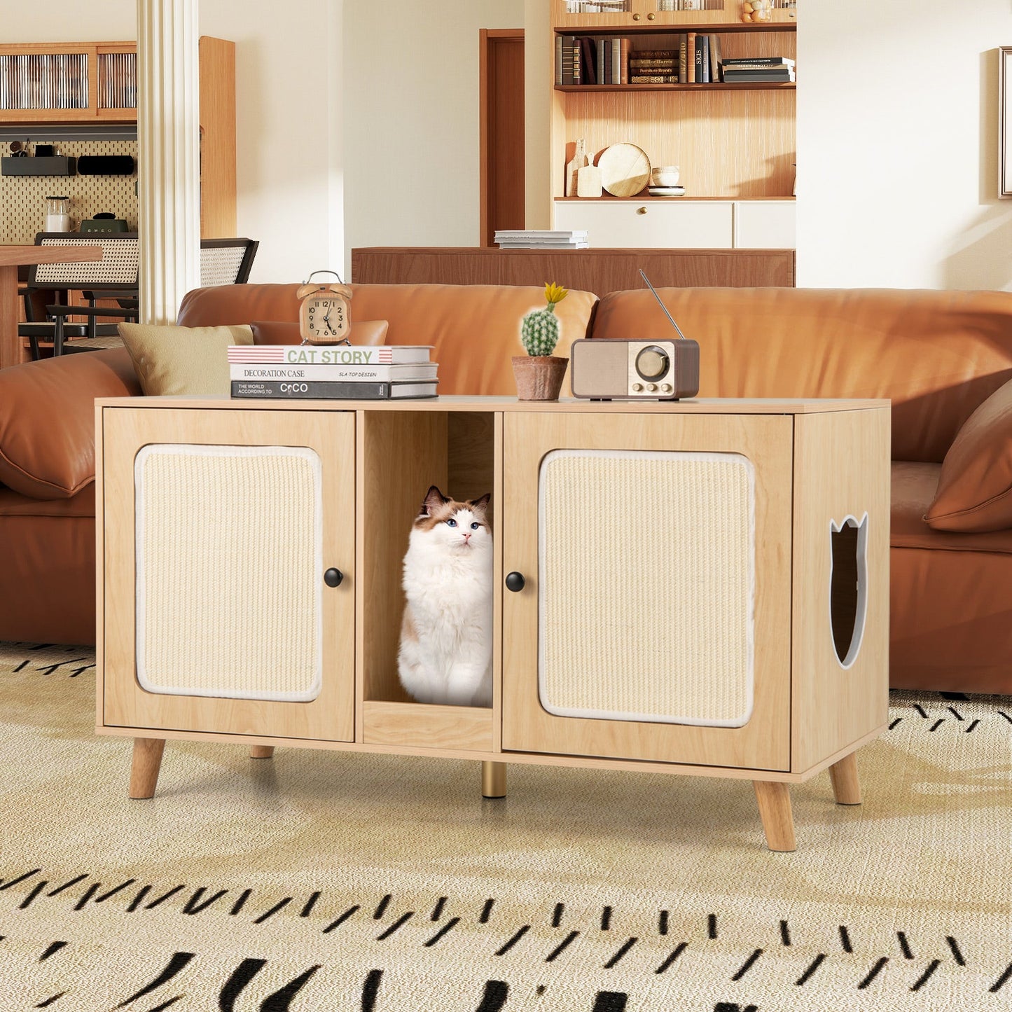 43 Inches Cat Litter Box Enclosure with Double Rooms and 2 Sisal Scratching Mats | Purrfect Pet Kingdom