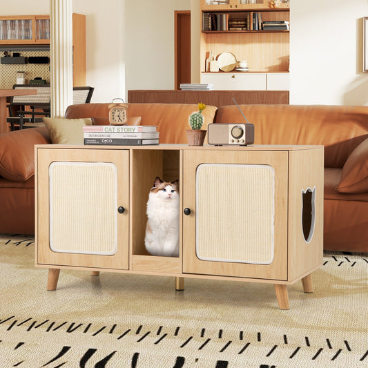 43 Inches Cat Litter Box Enclosure with Double Rooms and 2 Sisal Scratching Mats | Purrfect Pet Kingdom